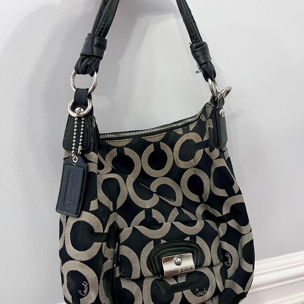 Coach Black and Tan Signature Shoulder Bag